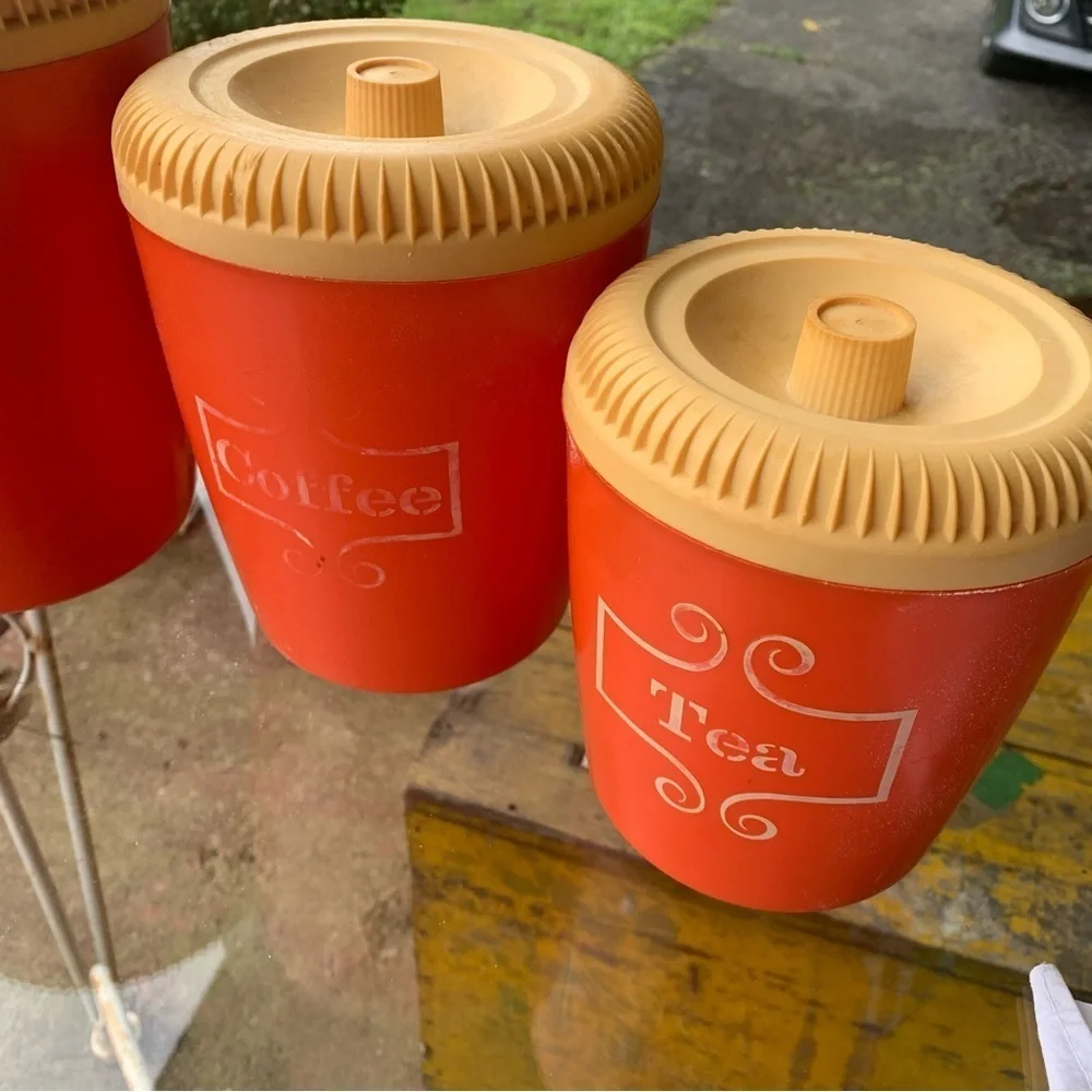 Vintage MCM Orange Tea Coffee Sugar Flour Round Cannister Set Plastic 60s 70s